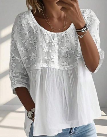 Women's Floral Embroidery Round Neck Loose Half Sleeve Casual Blouse