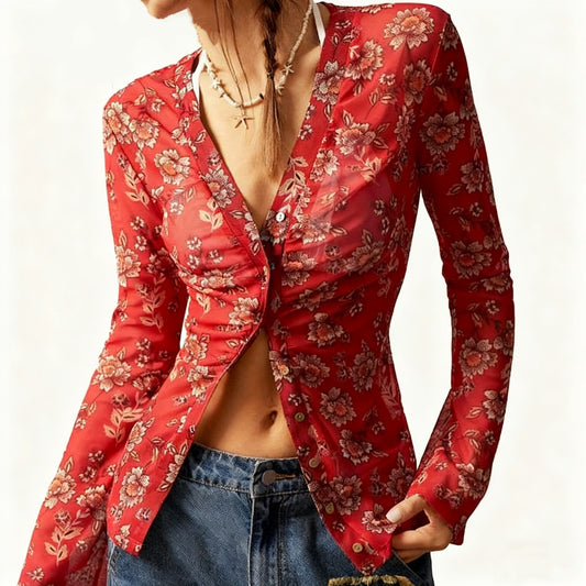 Vintage Knit Lace V-Neck Flared Sleeve Blouse Tops For Women