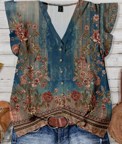 Casual Vacation Floral Print Plus Size Shirt, Suitable For Summer