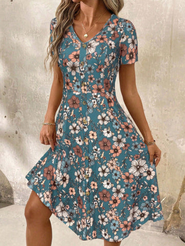 HAOIIF V-Neck Button Women Clothes Casual Dresses Plus Size